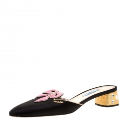 Pre Owned Prada Black And Pink Satin Bow Embellished Heel Mules Size 40