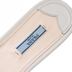 Pre Owned Prada White Saffiano Leather Logo Detail Flat Slides Size 39.5