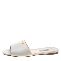 Pre Owned Prada White Saffiano Leather Logo Detail Flat Slides Size 39.5