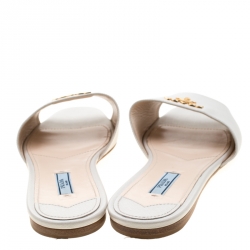 Pre Owned Prada White Saffiano Leather Logo Detail Flat Slides Size 39.5