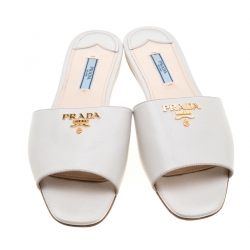 Pre Owned Prada White Saffiano Leather Logo Detail Flat Slides Size 39.5