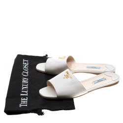 Pre Owned Prada White Saffiano Leather Logo Detail Flat Slides Size 39.5