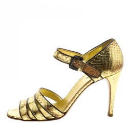 Prada Metallic Gold Python Embossed Leather Ankle Strap Sandals 40