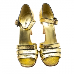 Prada Metallic Gold Python Embossed Leather Ankle Strap Sandals 40