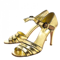 Prada Metallic Gold Python Embossed Leather Ankle Strap Sandals 40