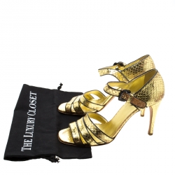 Prada Metallic Gold Python Embossed Leather Ankle Strap Sandals 40