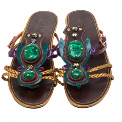Pre Owned Prada Multicolor Leather And Patent Leather Embellished Flat Sandals Size 38