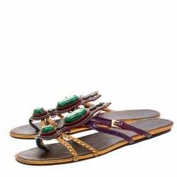 Pre Owned Prada Multicolor Leather And Patent Leather Embellished Flat Sandals Size 38