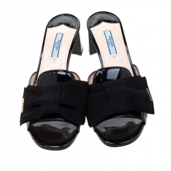 Pre Owned Prada Black Patent Bow Block Heel Mules Size 38.5