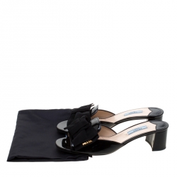 Pre Owned Prada Black Patent Bow Block Heel Mules Size 38.5