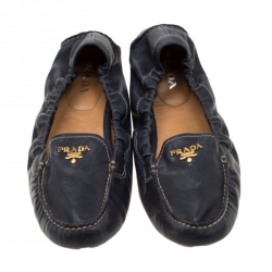 Pre Owned Prada Dark Blue Leather Scrunch Moccasins Size 41