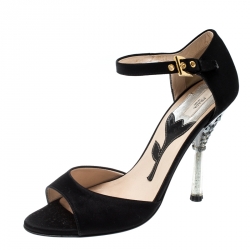 Prada Black Satin Crystal Embellished Heel Ankle Strap Open Toe Sandals Size 36.5