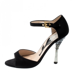 Prada Black Satin Crystal Embellished Heel Ankle Strap Open Toe Sandals Size 36.5