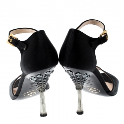 Prada Black Satin Crystal Embellished Heel Ankle Strap Open Toe Sandals Size 36.5