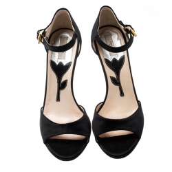 Prada Black Satin Crystal Embellished Heel Ankle Strap Open Toe Sandals Size 36.5