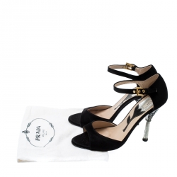 Prada Black Satin Crystal Embellished Heel Ankle Strap Open Toe Sandals Size 36.5