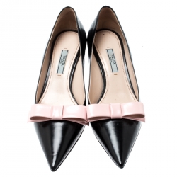 Pre Owned Prada Black Leather Bow Detail Pointed Toe Pumps Size 38