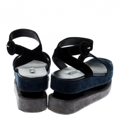 Pre Owned  Prada TriColor Suede Merlot And Poppy Dual Platform Ankle Strap Sandals Size 37