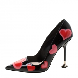 Pre Owned Prada Black Patent Leather Heart Appliquè Pointed Toe Pumps Size 38