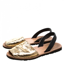 Pre Owned Prada Metallic Gold/Black Python Embossed Leather Flat Slingback Sandals Size 39