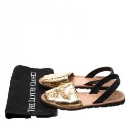 Pre Owned Prada Metallic Gold/Black Python Embossed Leather Flat Slingback Sandals Size 39