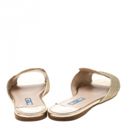 Pre Owned Prada Metallic Gold Glitter Flat Slides Size 38