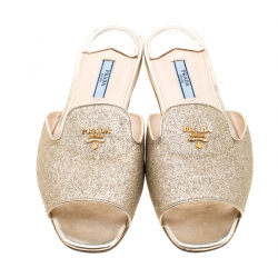 Pre Owned Prada Metallic Gold Glitter Flat Slides Size 38