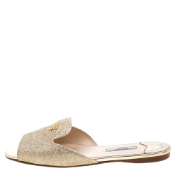 Pre Owned Prada Metallic Gold Glitter Flat Slides Size 38