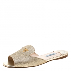 Pre Owned Prada Metallic Gold Glitter Flat Slides Size 38