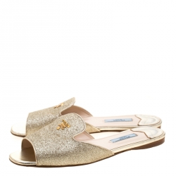 Pre Owned Prada Metallic Gold Glitter Flat Slides Size 38