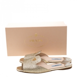 Pre Owned Prada Metallic Gold Glitter Flat Slides Size 38