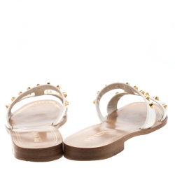 Pre Owned Prada White Saffiano Leather Stud Embellished Flat Slides Size 39