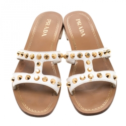 Pre Owned Prada White Saffiano Leather Stud Embellished Flat Slides Size 39