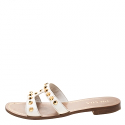 Pre Owned Prada White Saffiano Leather Stud Embellished Flat Slides Size 39
