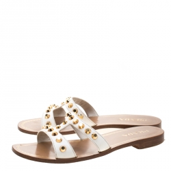 Pre Owned Prada White Saffiano Leather Stud Embellished Flat Slides Size 39
