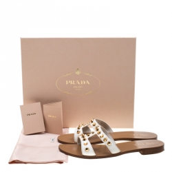 Pre Owned Prada White Saffiano Leather Stud Embellished Flat Slides Size 39