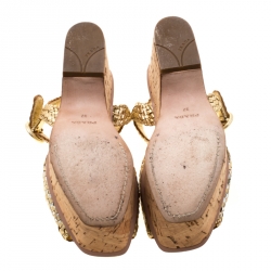 Prada Metallic Gold/Silver Woven Leather Cork Wedge Ankle Strap Platform Sandals Size 37