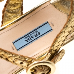 Prada Metallic Gold/Silver Woven Leather Cork Wedge Ankle Strap Platform Sandals Size 37