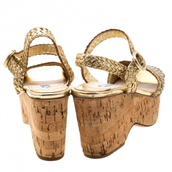 Prada Metallic Gold/Silver Woven Leather Cork Wedge Ankle Strap Platform Sandals Size 37