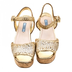 Prada Metallic Gold/Silver Woven Leather Cork Wedge Ankle Strap Platform Sandals Size 37