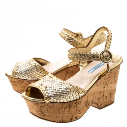 Prada Metallic Gold/Silver Woven Leather Cork Wedge Ankle Strap Platform Sandals Size 37