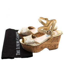 Prada Metallic Gold/Silver Woven Leather Cork Wedge Ankle Strap Platform Sandals Size 37