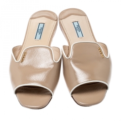 Pre Owned Prada Beige Saffiano Leather Slip On Slides Size 39