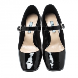 Pre Owned Prada Black Patent Leather Mary Jane Block Heel Pumps Size 38