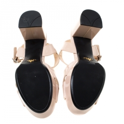 Pre Owned Prada Beige Patent Leather Criss Cross Ankle Strap Block Heel Platform Sandals Size 38