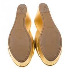 Prada Gold Patent Leather Wedge Slide Sandals Size 38