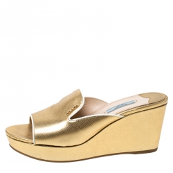 Prada Gold Patent Leather Wedge Slide Sandals Size 38
