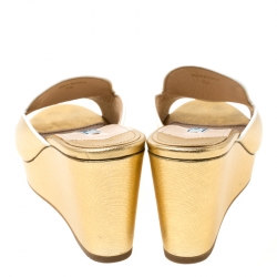 Prada Gold Patent Leather Wedge Slide Sandals Size 38