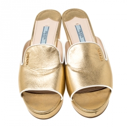 Prada Gold Patent Leather Wedge Slide Sandals Size 38