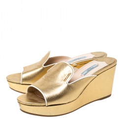 Prada Gold Patent Leather Wedge Slide Sandals Size 38